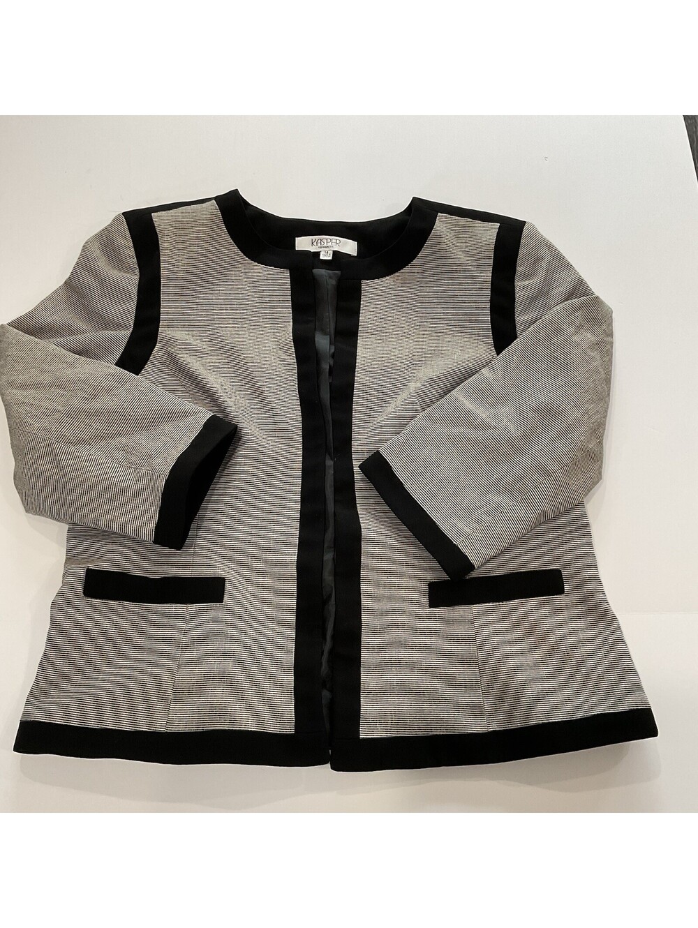 black and white striped collarless blazer by Kasper Size 14